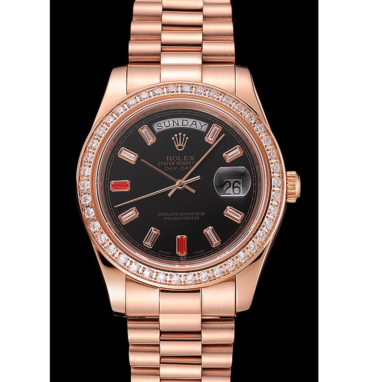 Rolex aaa copy Swiss Bracelet Rose 1454102 Rolex Diamonds Black Dial And Day-Date Rubies Gold 0627